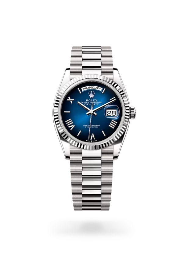 rolex day-date 36 in white gold, m128239-0063, CD-Peacock