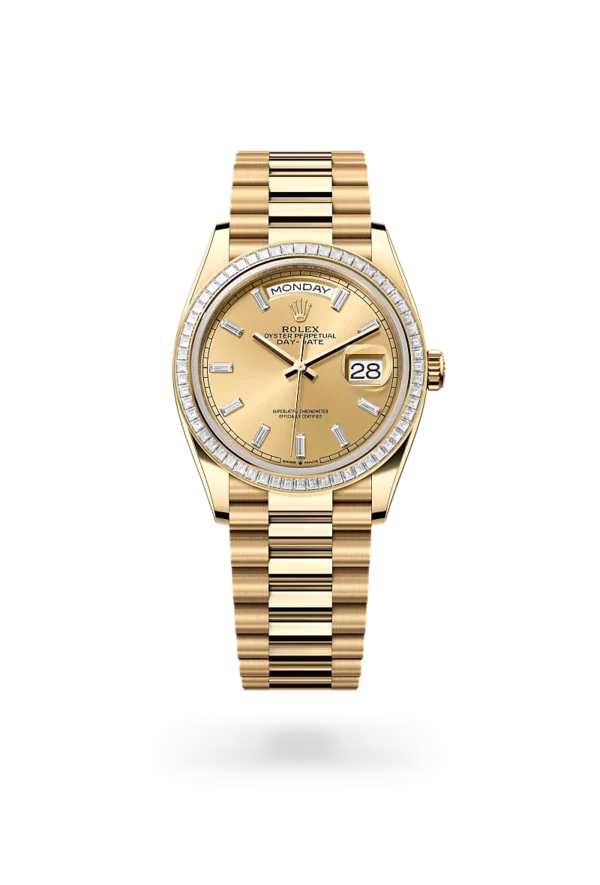 rolex day-date 36 in yellow gold and diamonds, m128398tbr-0037, CD Peacock