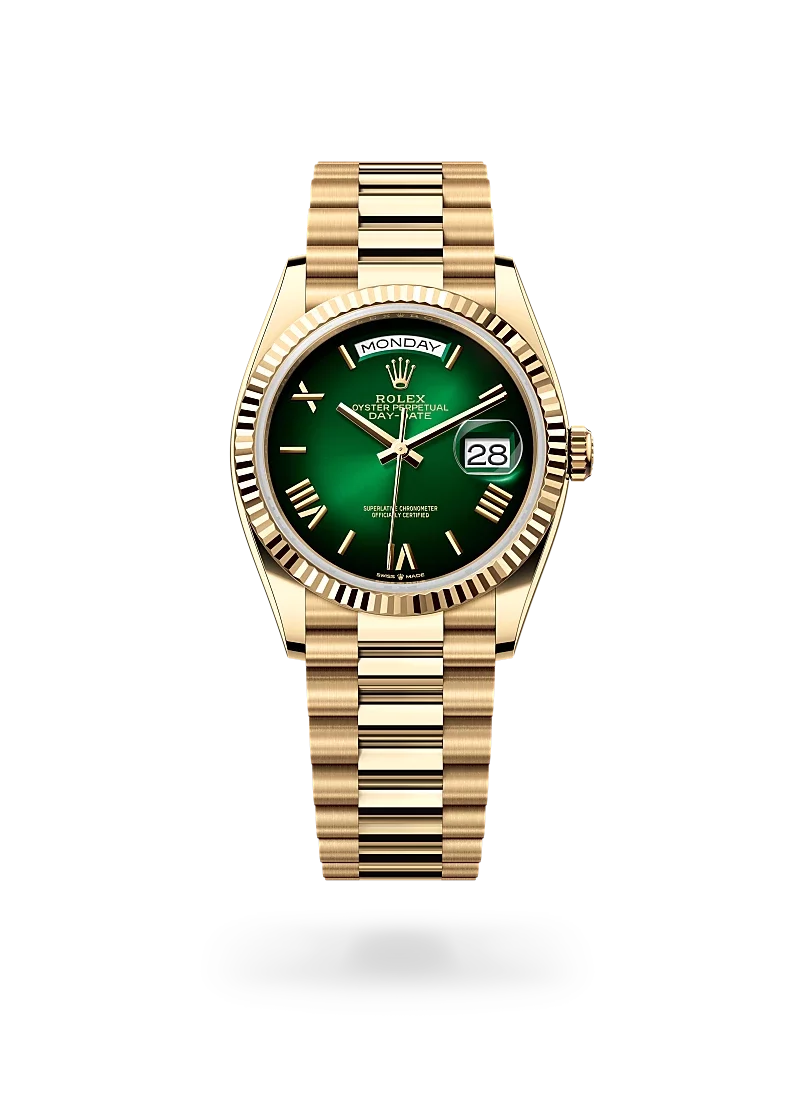 rolex day-date 36 in yellow gold, model, -m128238-0118, CD Peacock