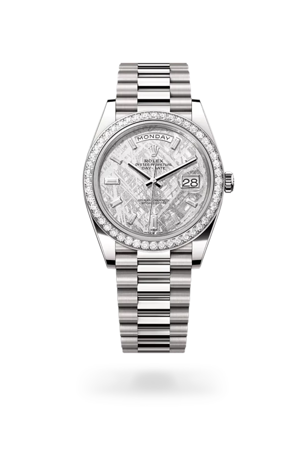 rolex day-date 40 in white gold and diamonds, m228349rbr-0040 - CD Peacock