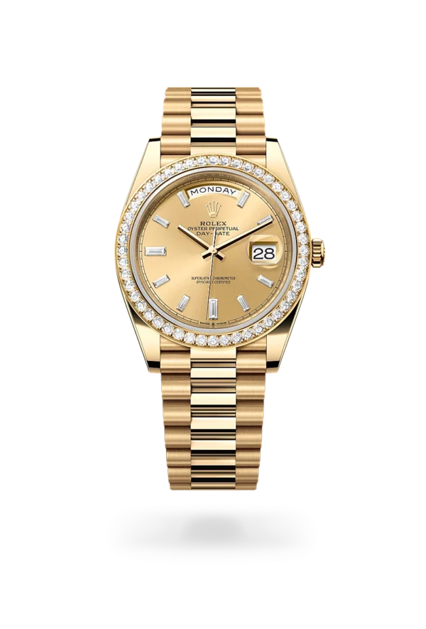 rolex day-date 40 in yellow gold and diamonds, m228348rbr-0002 - CD Peacock