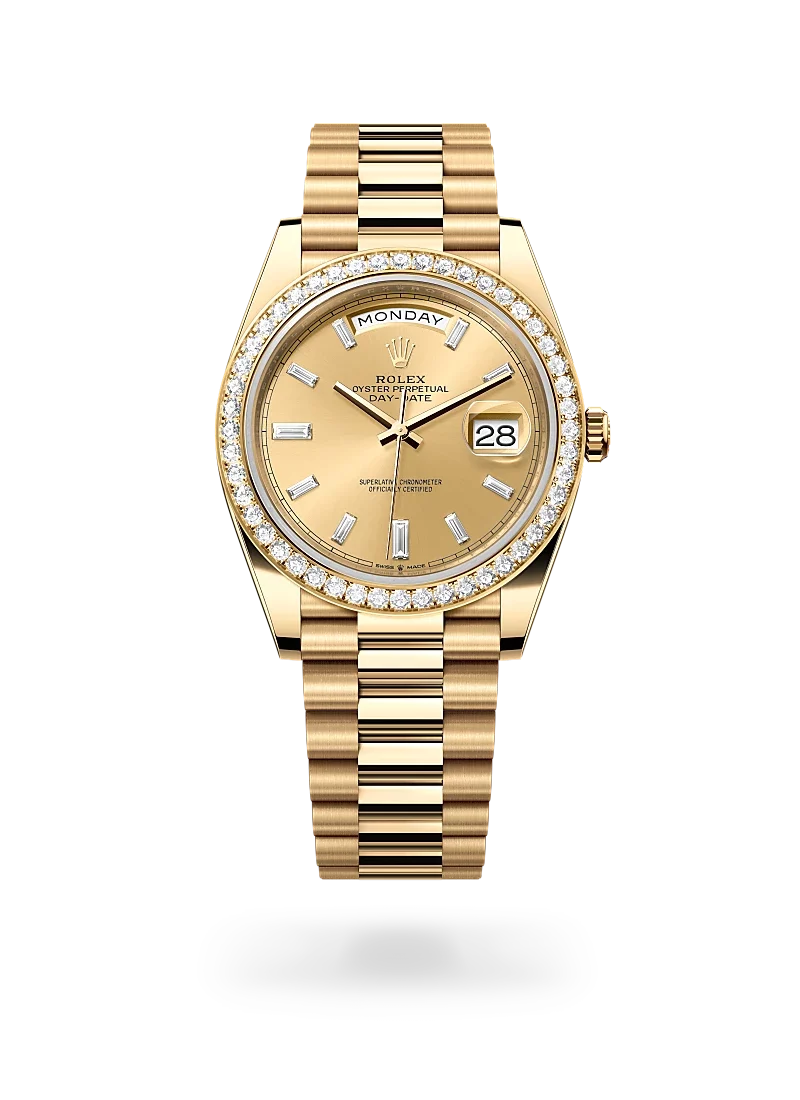 rolex day-date 40 in yellow gold and diamonds, m228348rbr-0002 - CD Peacock