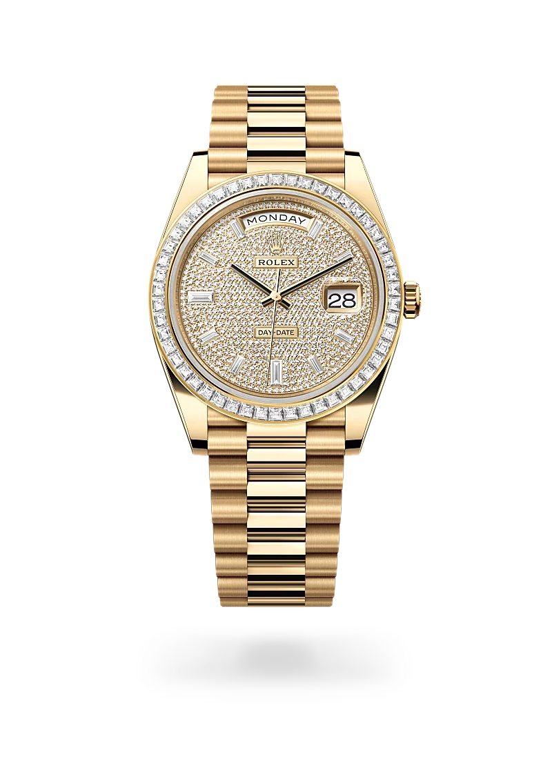 rolex day-date 40 in yellow gold and diamonds, m228398tbr-0036 - CD Peacock