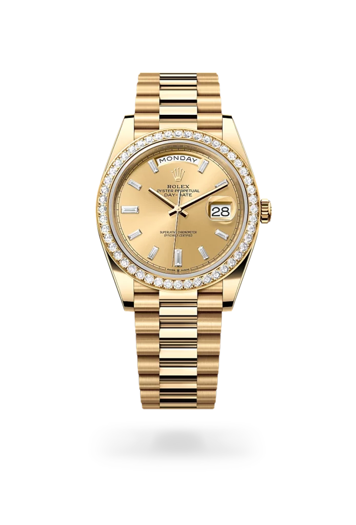rolex day-date 40 in yellow gold and diamonds, m228348rbr-0002 - CD Peacock