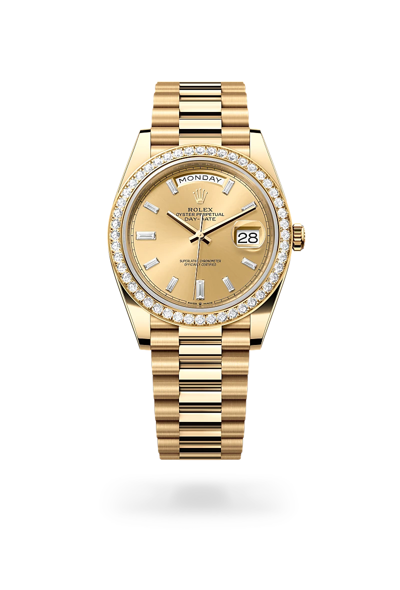 rolex day-date 40 in yellow gold and diamonds, m228348rbr-0002 - CD Peacock