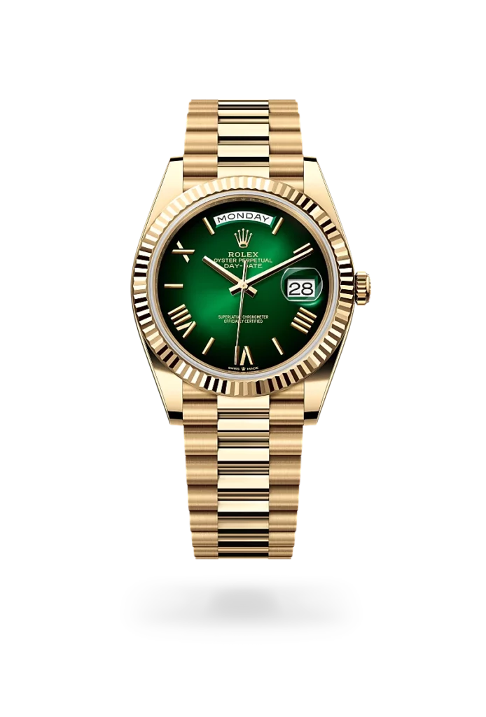 rolex day-date 40 in yellow gold, m228238-0069 - CD Peacock